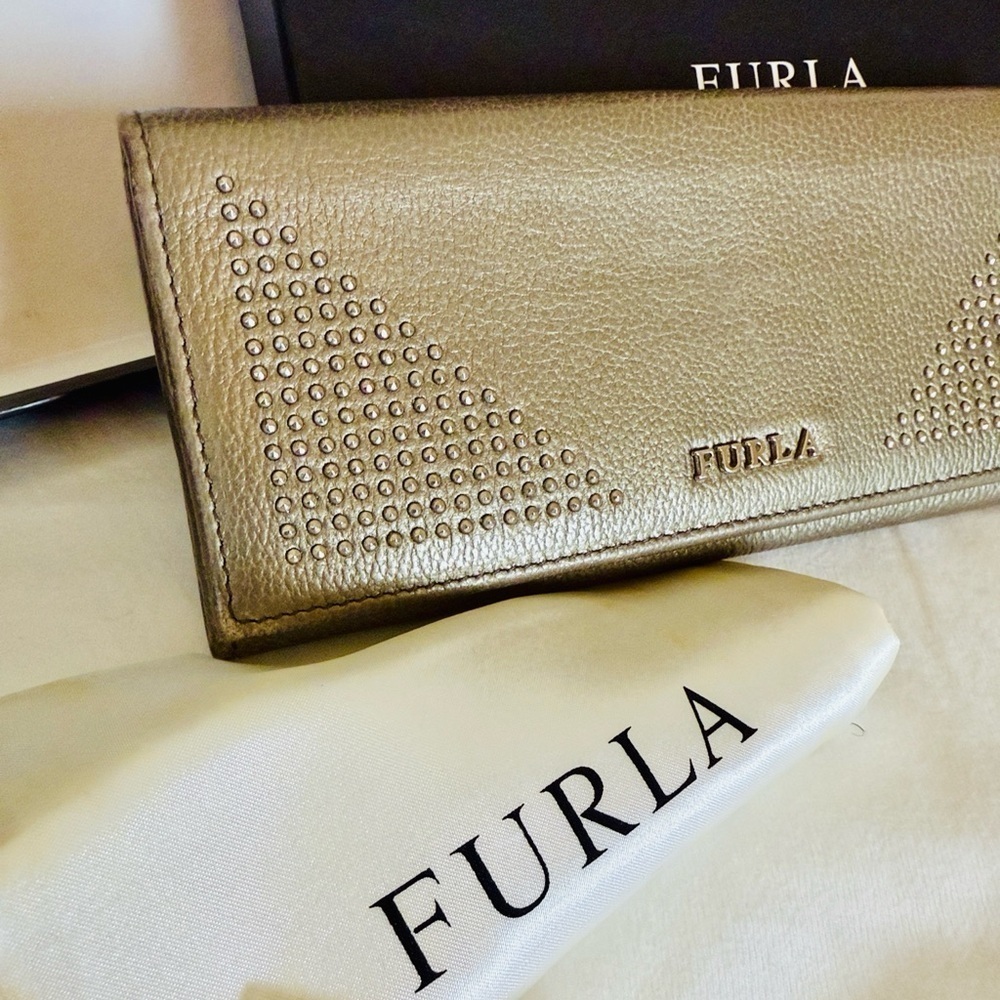 Furla Metallic Champagne Studded Bifold Zip Continental Wallet